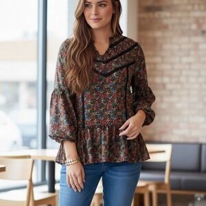 Matilda Jane‎ Floral Blouse Women's Long Sleeve Black Lace Trimmed LG